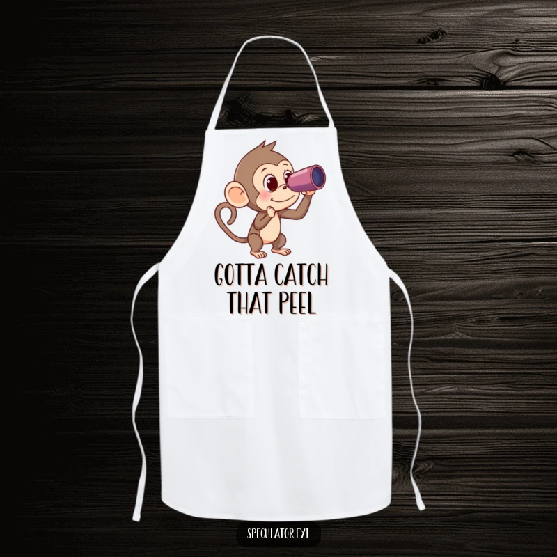 Funny Monkey Apron: a curious monkey with a spyglass aims for a banana, adding humorous flair to kitchen tasks.