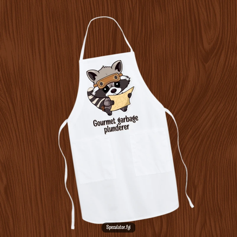 Funny cooking apron with a determined raccoon wearing a mask, examining a treasure map, ideal for culinary quests with humor. A great funny gift.