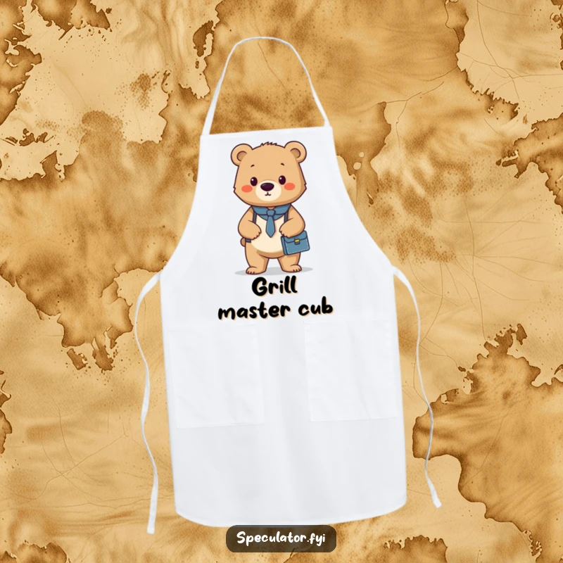 Funny chef apron with a confident bear cub carrying a briefcase, perfect for cooks who approach their craft with professionalism.