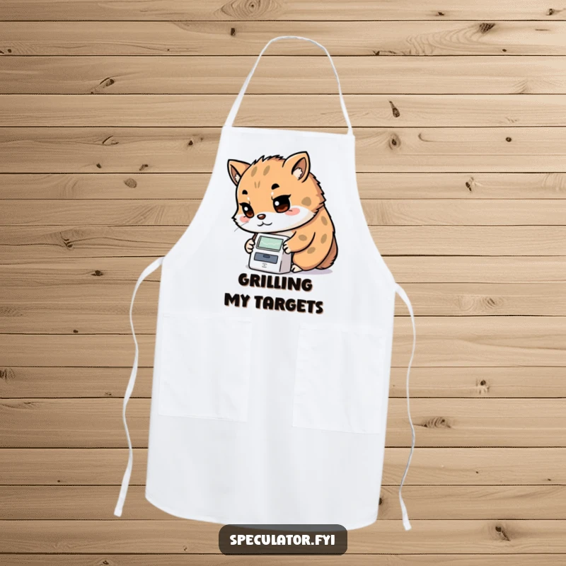 Funny Kawaii animal apron with determined look examining a stock ticker, for kitchen analysis and as a funny gift.