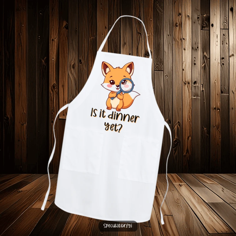 Funny cheerful fox apron holding magnifying glass to question mark, a curious detective character ready for kitchen investigations.