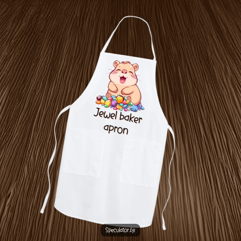 Funny capybara apron with a character relaxing near a pile of jewels, making kitchen tasks chic.