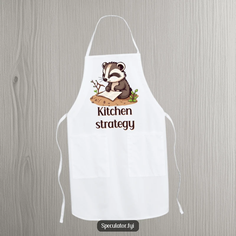 Funny thoughtful badger character apron sketching a plan in the dirt with a twig, ideal for adding humor and strategy to kitchen wear.