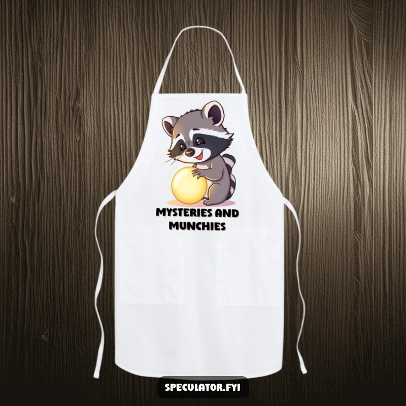 Funny happy raccoon examining a mysterious, glowing orb on an apron, humorous and functional kitchen wear.