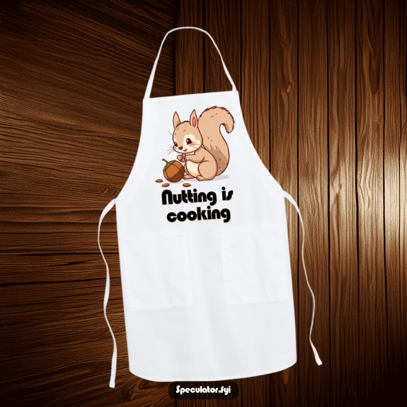 Funny squirrel apron, bushy tail, suspiciously guarding food, perfect for humorous cooking and kitchen fun.
