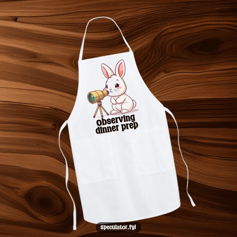 Funny curious bunny apron peering through tiny telescope, a little explorer character ready for kitchen explorations.