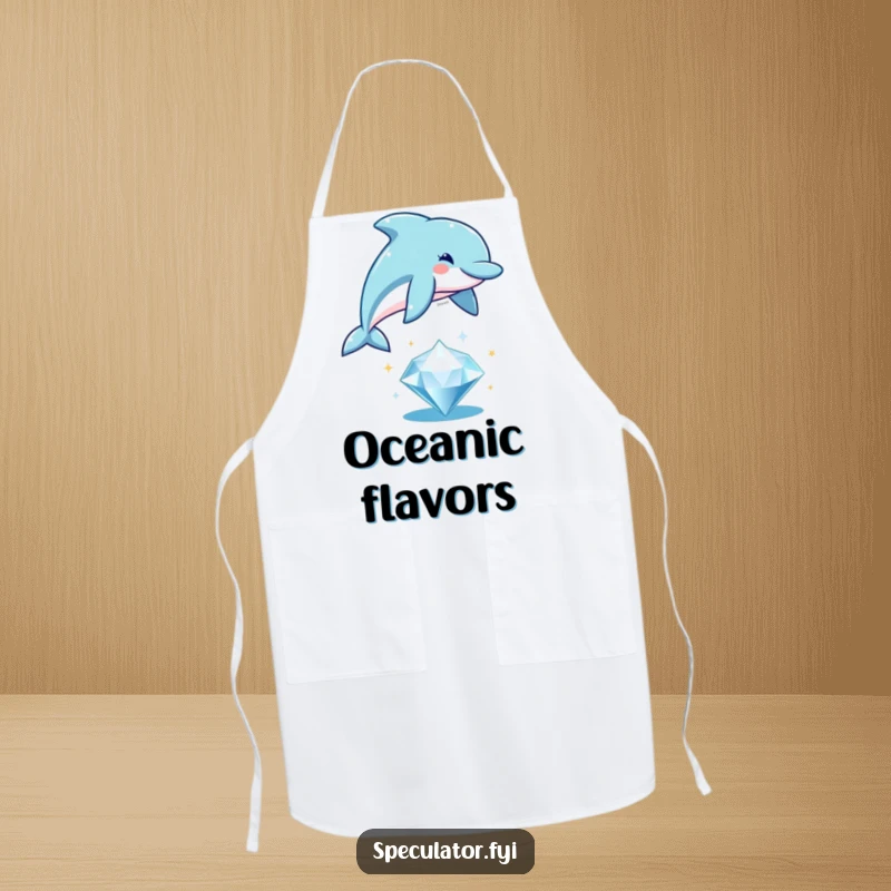Funny playful dolphin apron, leaping over a sparkling diamond, practical and humorous ocean-themed kitchen wear.