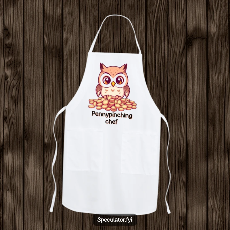Funny kawaii owl with wide eyes looking at a scattered pile of coins, adding a humorous and wise touch to kitchen attire.