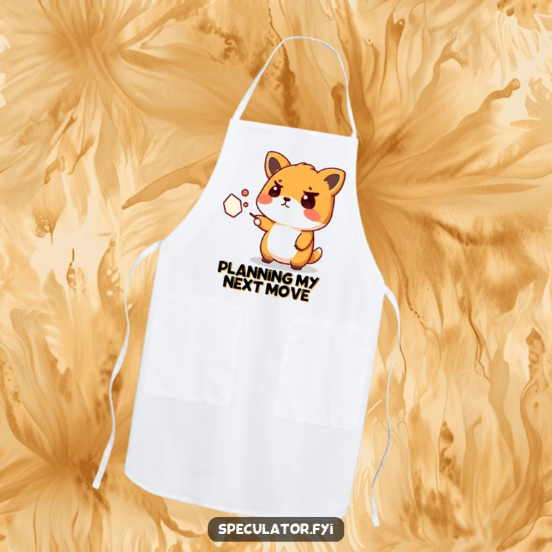 Funny Kawaii Animal Apron: A determined Kawaii animal wears a furrowed brow, pointing at a distant abstract shape, adding humor to cooking.