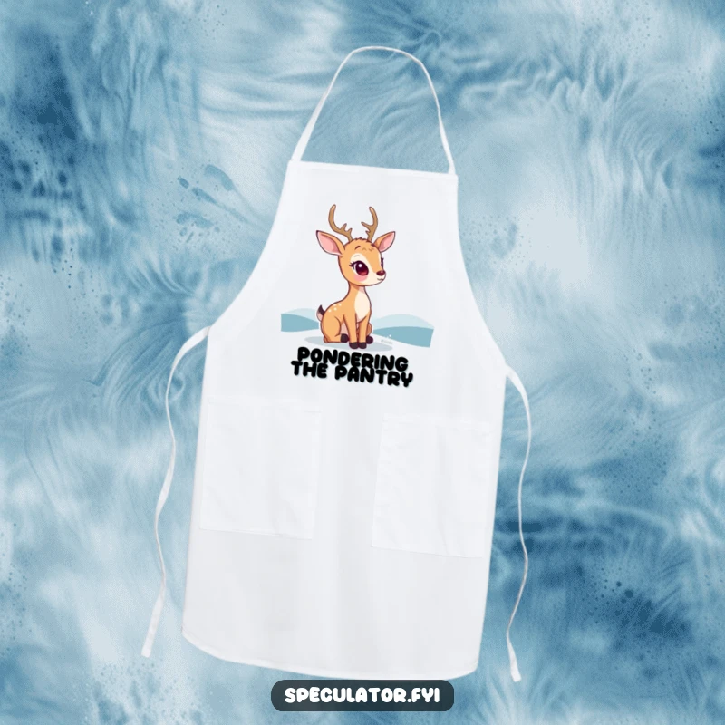 Funny kawaii deer apron, showing a thoughtful deer looking towards a distant horizon, ideal for peaceful cooking.