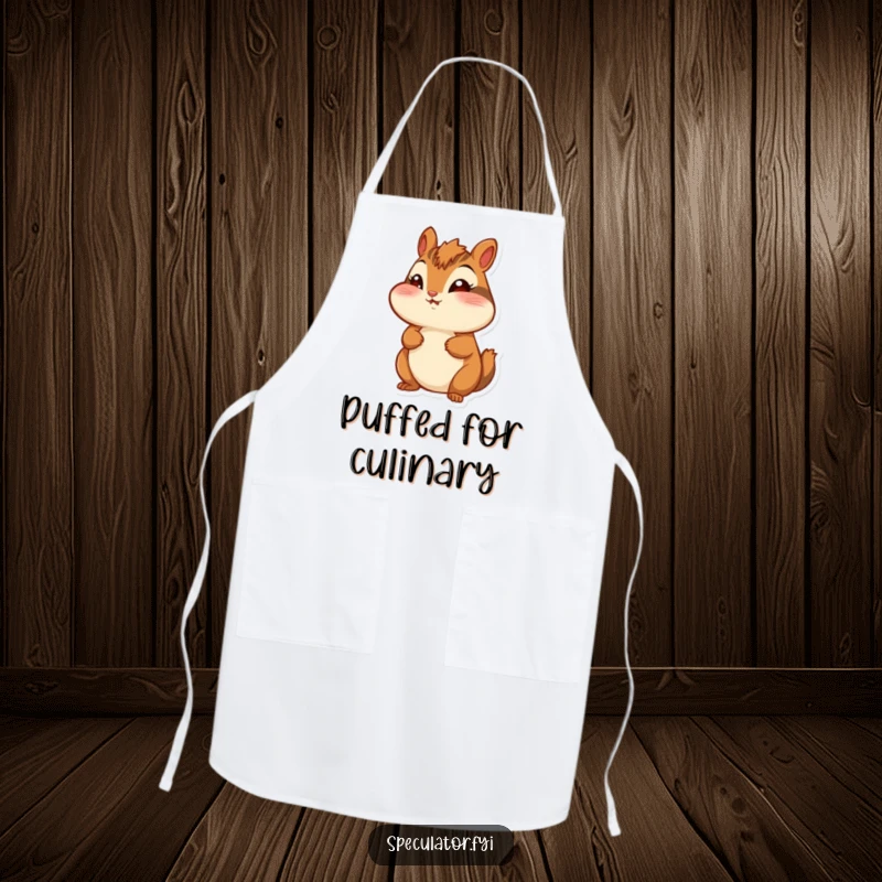 Funny chipmunk apron, puffed cheeks, looking around with wonder, perfect for humorous and cheerful cooking.