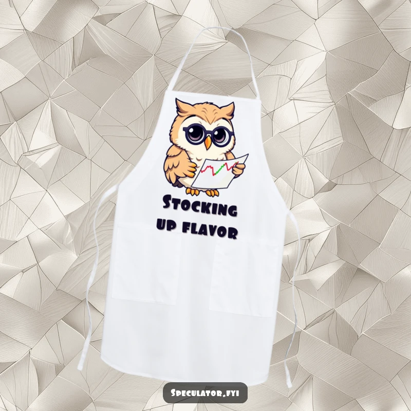 Funny owl wearing a monocle, examining a stock chart while in a kitchen setting, on an apron.