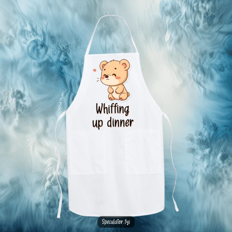 Funny cooking apron with a small bear cub character looking curious while sniffing the air, ideal for kitchen adventures with humor. A great funny gift.
