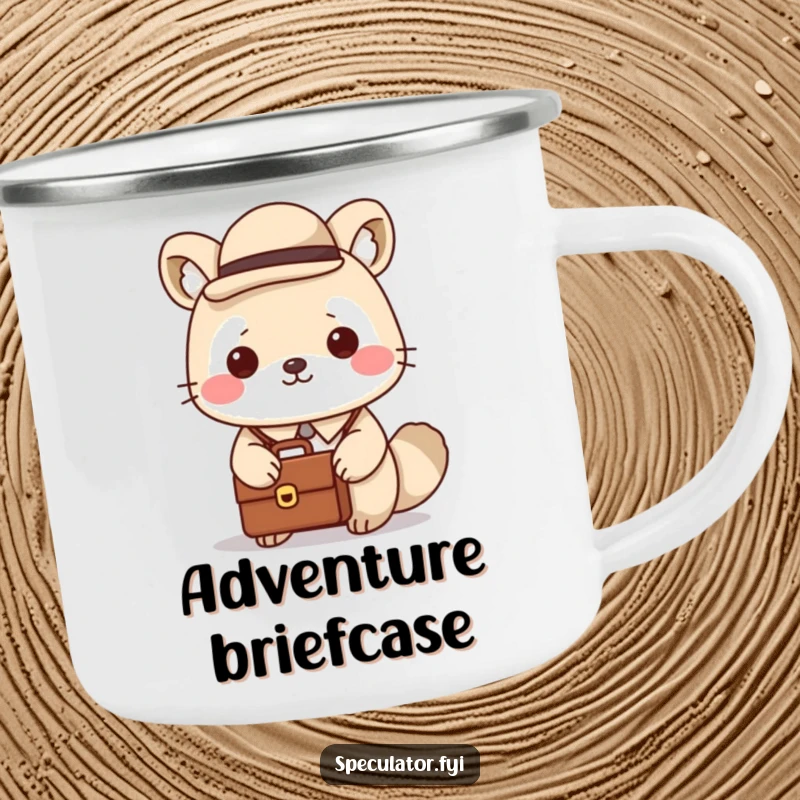 Funny Kawaii Animal Camping Mug: A dapper Kawaii animal in a bowler hat holds a briefcase, perfect for funny business on the go.