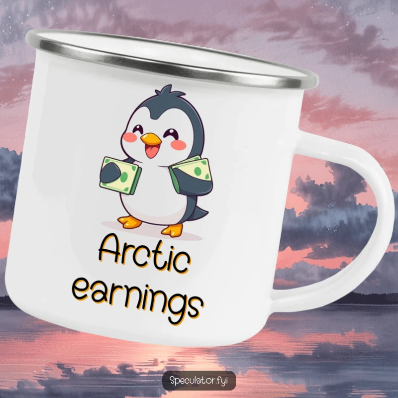 Funny smiling penguin camping mug, waddling with a stack of bills, durable and humorous outdoor drinkware.
