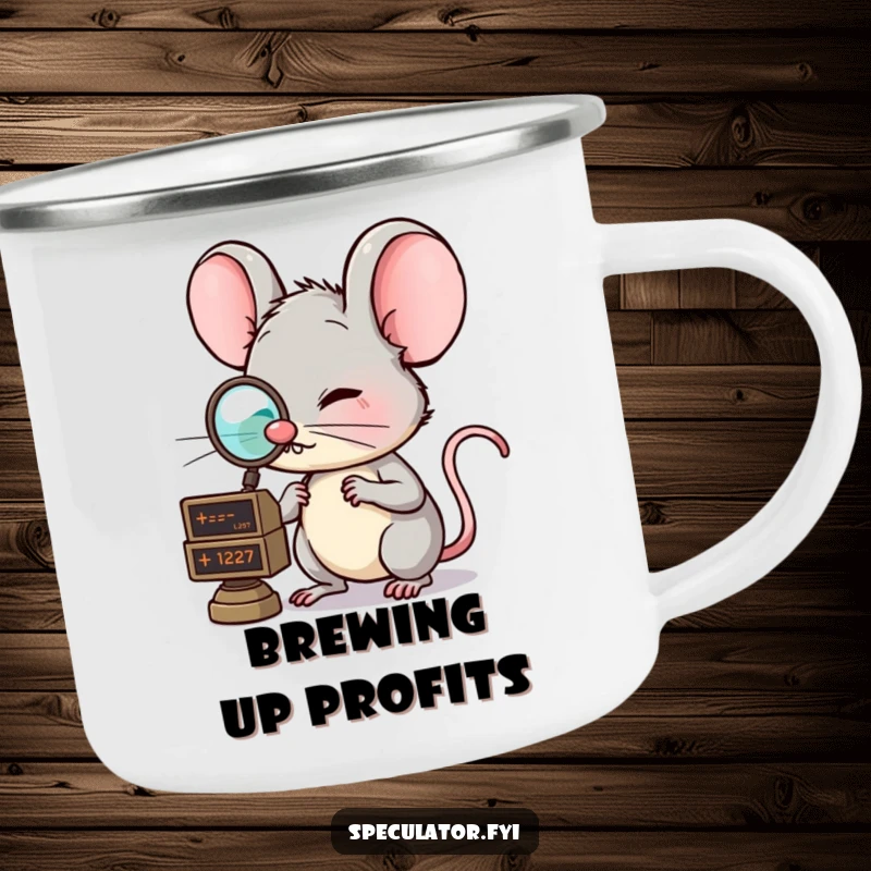Funny enamel camping mug featuring a clever mouse with a monocle, examining a market ticker, ideal for outdoor drinks with financial humor. A great funny gift.