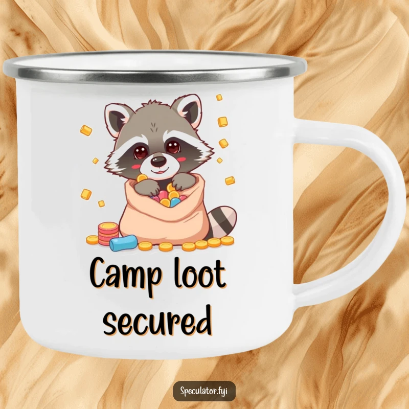 Funny raccoon camping mug with a character peeking into a bag of riches, perfect for outdoor mischief.