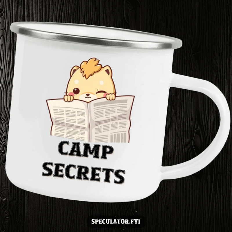 Funny creature peeking from behind a newspaper with a knowing smirk, featured on a sturdy and funny camping mug.