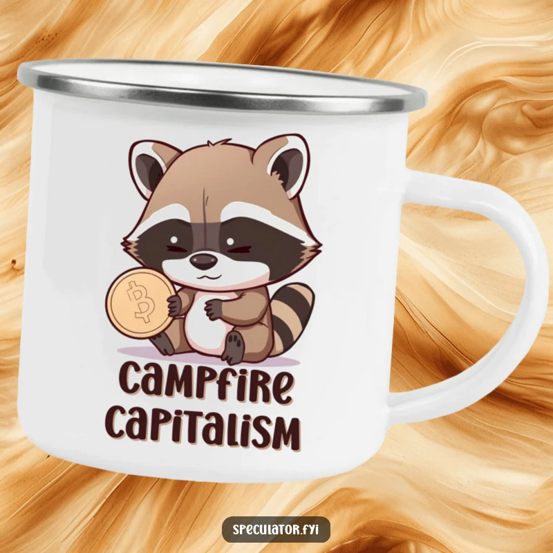 Funny Raccoon Camping Mug: a shrewd raccoon examines a coin with a sly grin, perfect for humorous outdoor adventures.
