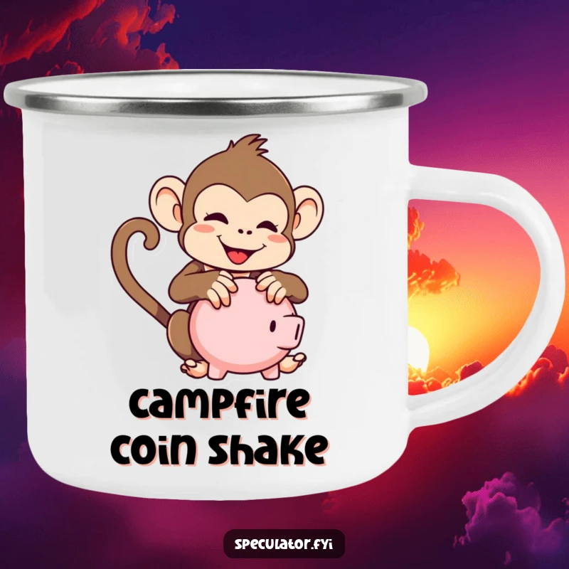 Funny kawaii monkey camping mug, playfully shaking a piggy bank, ideal for outdoor adventures and beverages.