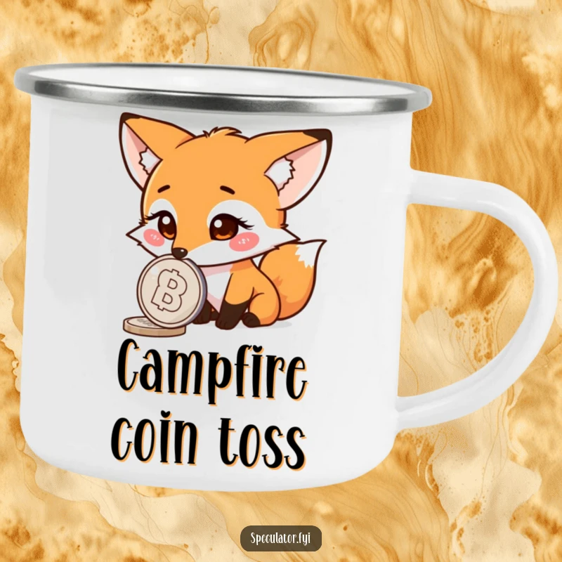 Funny fox camping mug, curious character watching a spinning coin, durable enamel, perfect for outdoor observers.