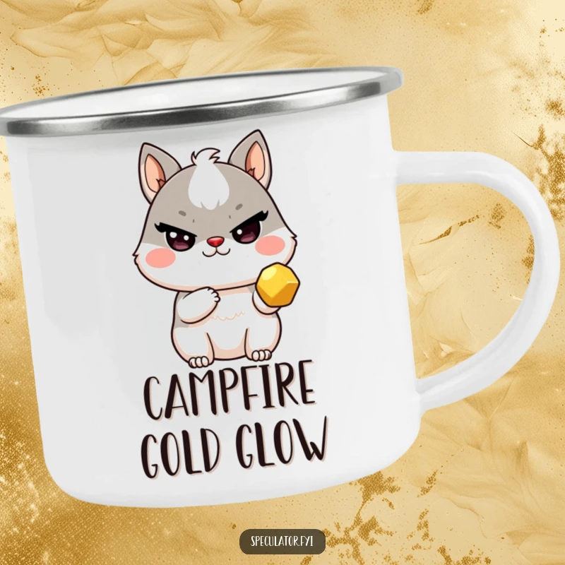 Funny Kawaii animal camping mug with sly wink holding a golden nugget, for outdoor treasure hunters and as a funny gift.