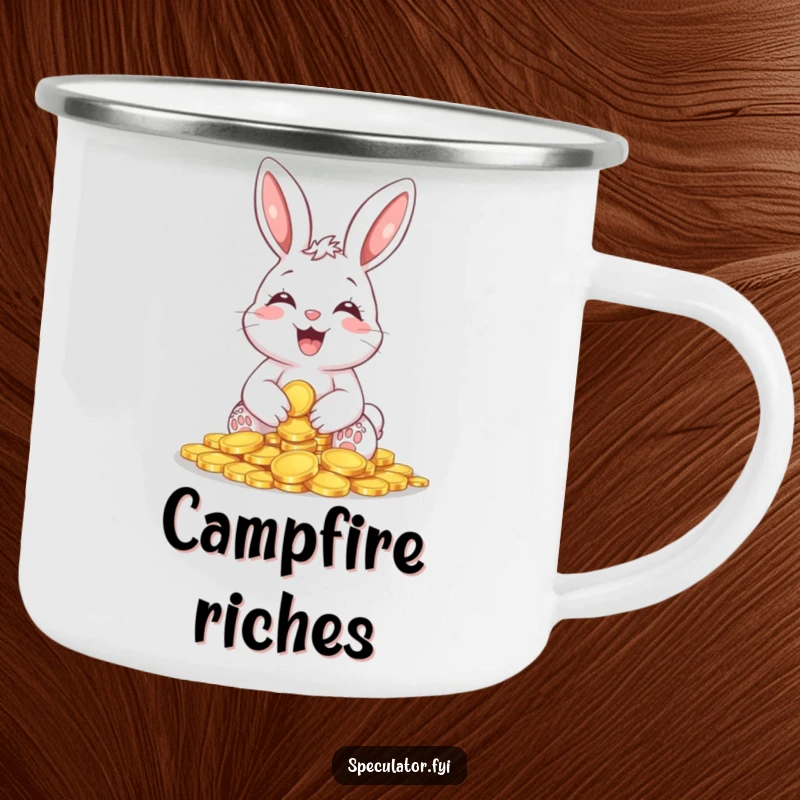 Funny Giggling Bunny Coin Camping Mug showing a happy bunny holding shiny coins, perfect for outdoor beverages and sparking humorous luck.