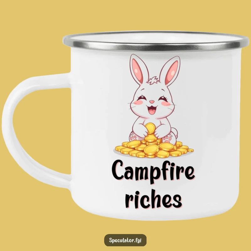 Funny Giggling Bunny Coin Camping Mug: Hoard Your Coffee with Humor and Lucky Charms