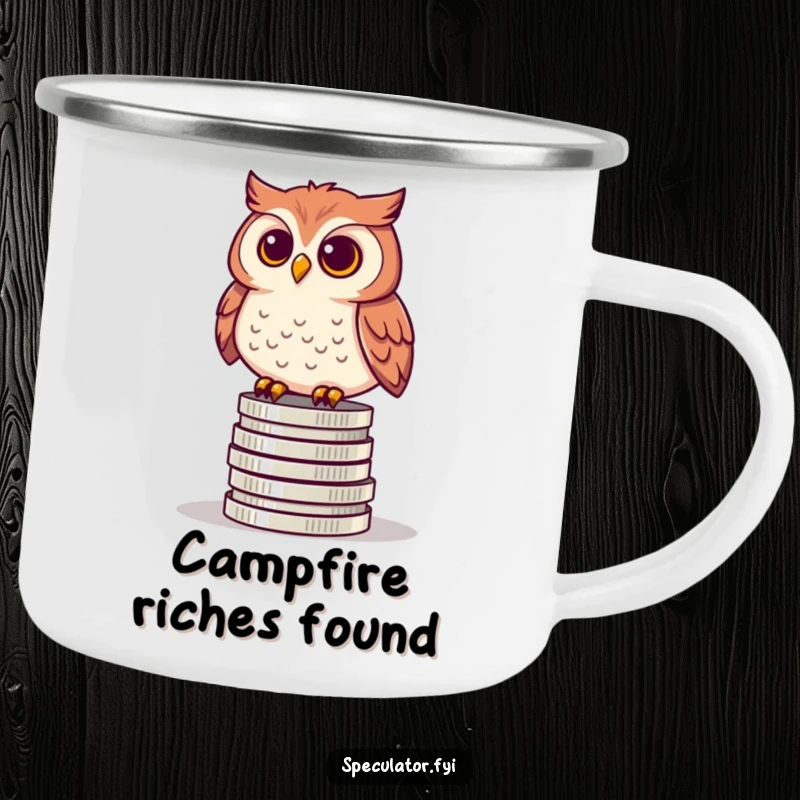 Funny camping mug depicting a curious owl perched on coins, symbolizing wisdom and resourcefulness during outdoor excursions.