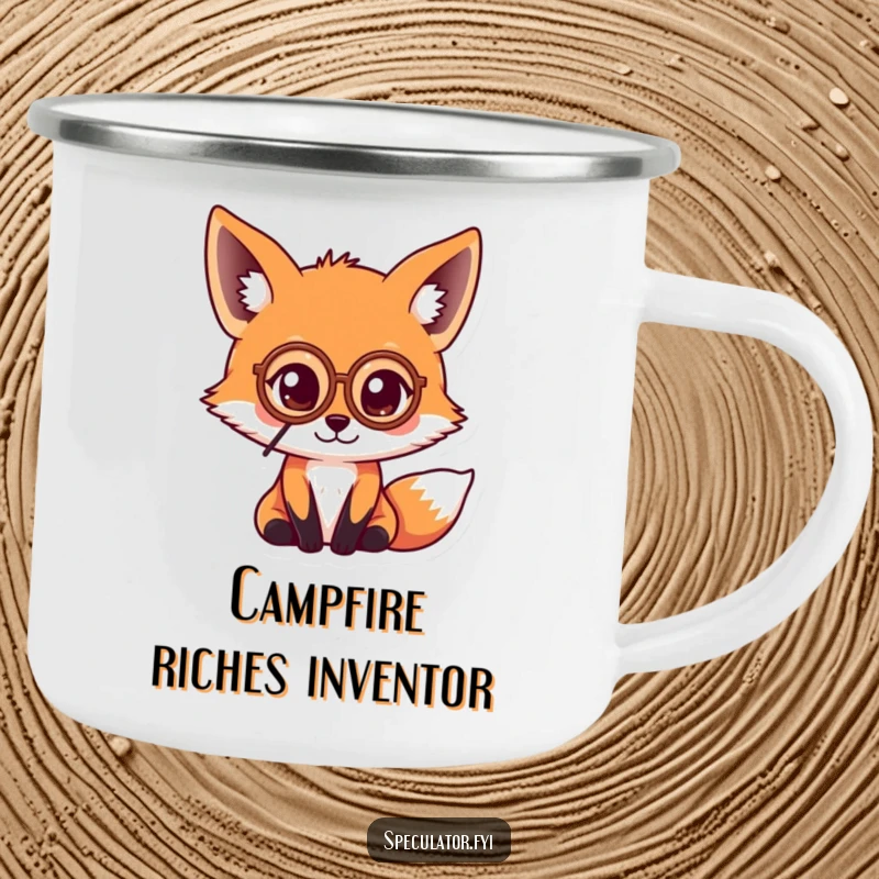 Funny kawaii fox wearing a monocle and intently looking at a coin, ready for outdoor adventures on a durable camping mug.