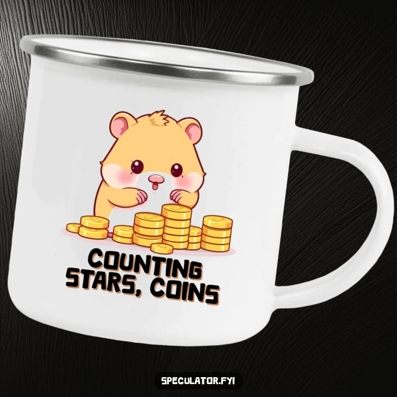 Funny kawaii hamster character counting gold coins beside a campfire on a durable camping mug.
