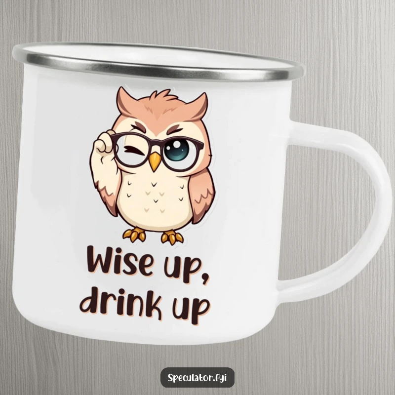 Funny Camping Mug featuring a proud owl adjusting spectacles with a wink, perfect for outdoor drinks with a touch of intellectual humor.