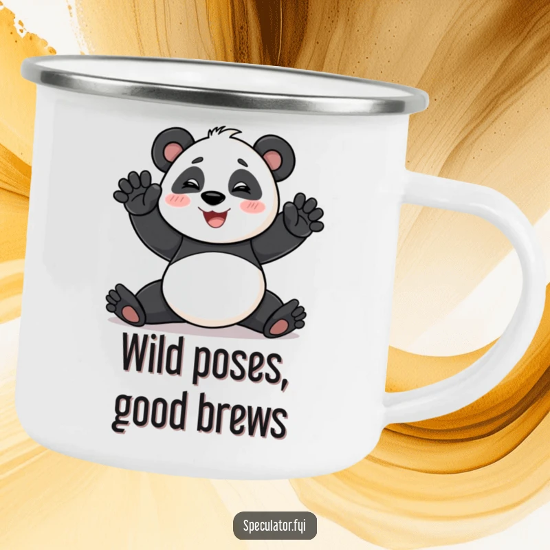 Funny Camping Mug featuring a smiling panda performing a dramatic pose, perfect for outdoor drinks with a touch of theatrical flair.