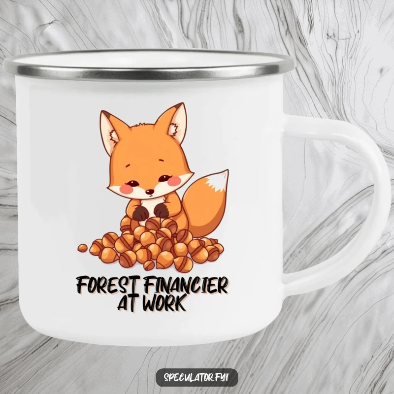 Funny Fox Camping Mug: a resourceful fox counts shiny acorns, perfect for humorous outdoor adventures and planning.