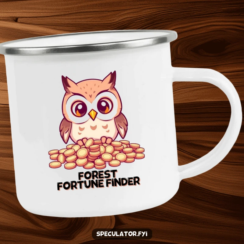 Funny kawaii owl with wide eyes looking at a scattered pile of coins, ready for outdoor adventures on a durable camping mug.