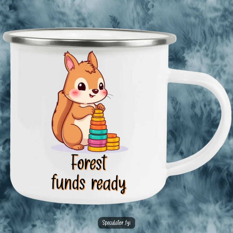 Funny enamel camping mug with a playful squirrel counting colorful tokens, perfect for outdoor enthusiasts.