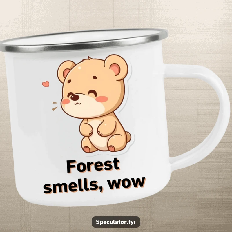 Funny enamel camping mug featuring a small bear cub with a curious expression, sniffing the air, ideal for outdoor drinks with humor. A great funny gift.