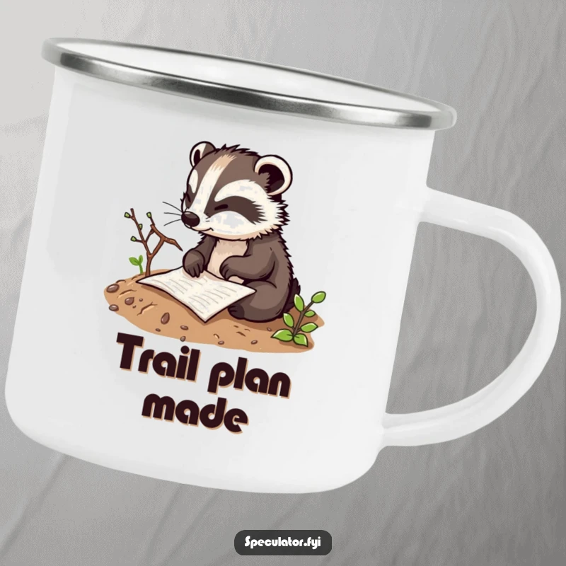Funny thoughtful badger character camping mug sketching a plan in the dirt with a twig, perfect for outdoor adventures and displaying strategic humor.