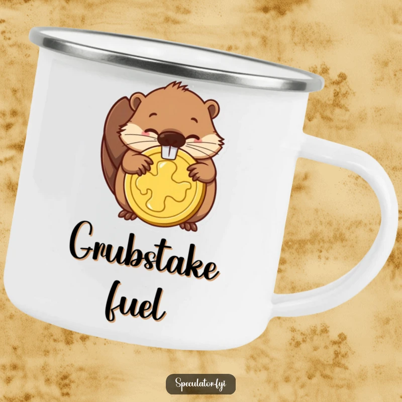 Funny and durable camping mug with a determined beaver gnawing a gold coin, perfect for adventurers who appreciate motivation.