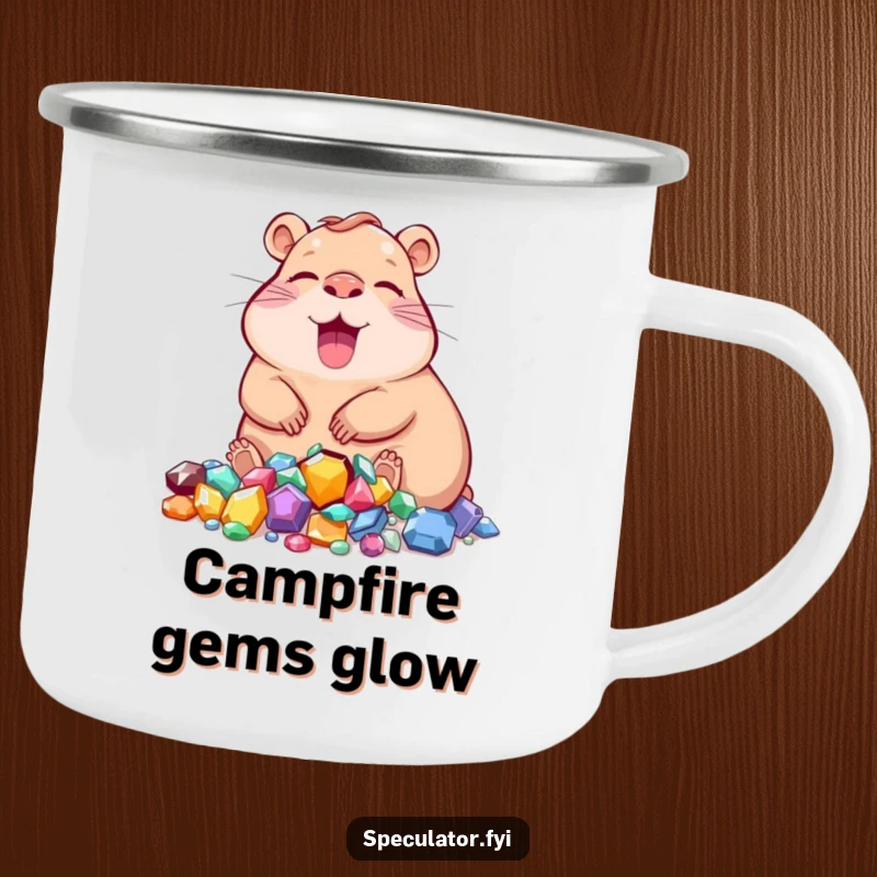 Funny capybara camping mug with a character relaxing near a pile of jewels, perfect for outdoor chill.