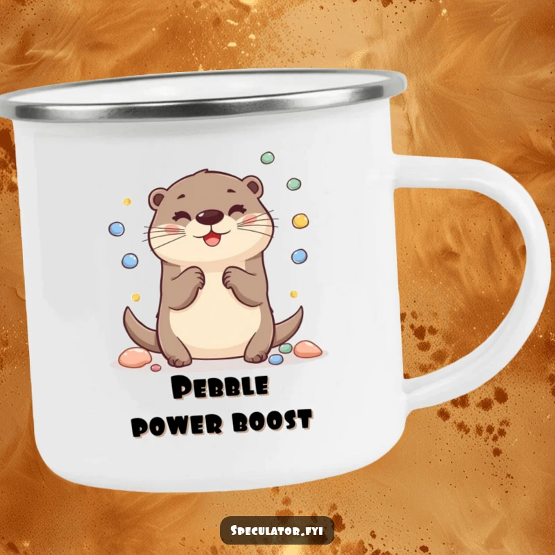 Funny Otter Camping Mug: A cheerful otter juggles pebbles on a camping mug, perfect for playful outdoor humor.