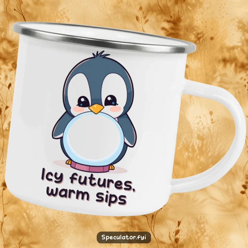 Funny curious penguin smiling while peering into a crystal ball on a camping mug, humorous and rugged.