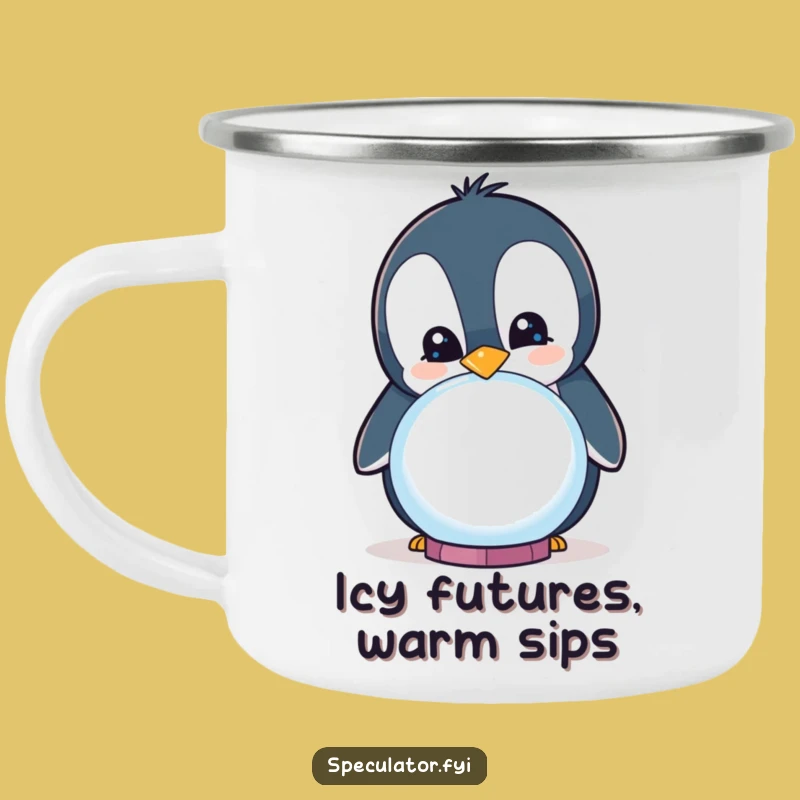 Funny Curious Penguin Crystal Ball Camping Mug - Future Forecast!