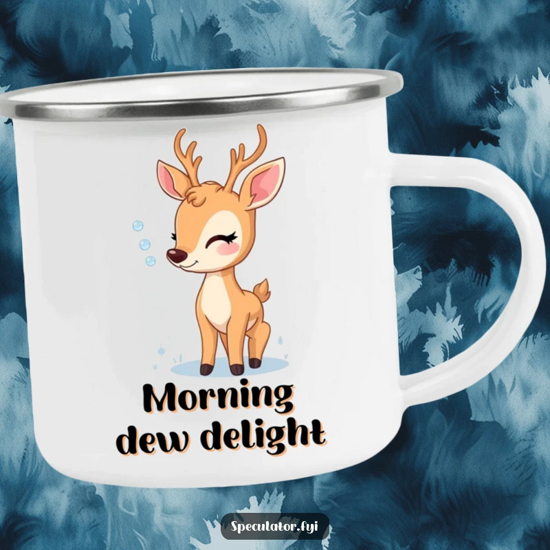 Funny camping mug depicting a delighted deer admiring a dewdrop, perfect for adding a touch of peaceful nature to outdoor adventures.