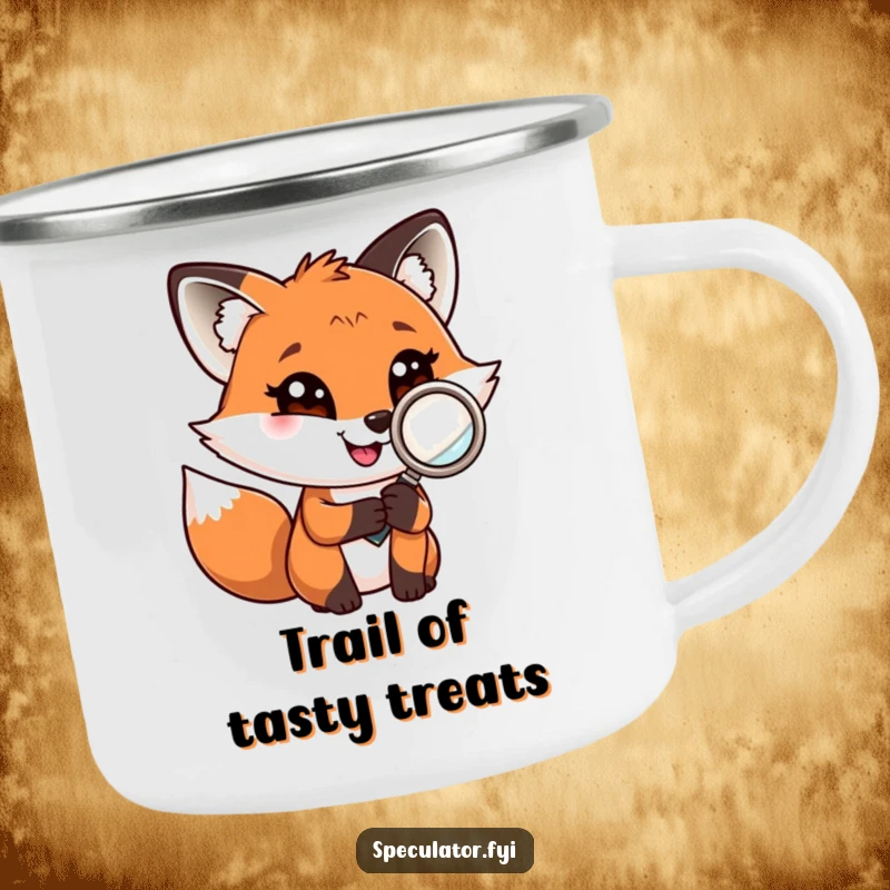 Funny fox with a magnifying glass on a durable camping mug, ready for outdoor adventures and investigations.