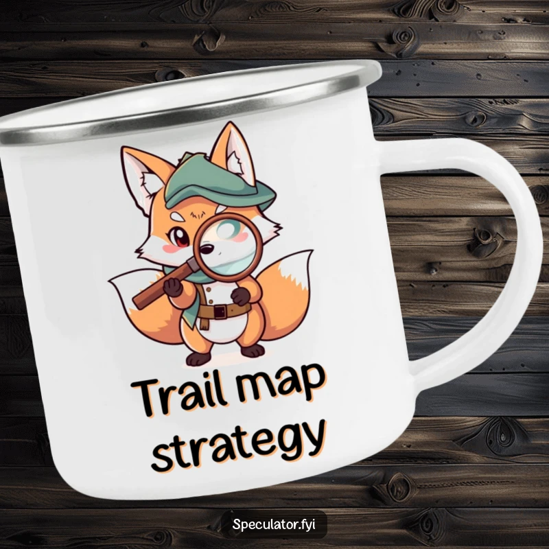 Funny fox camping mug with a character examining a map with a magnifying glass, perfect for outdoor planning.