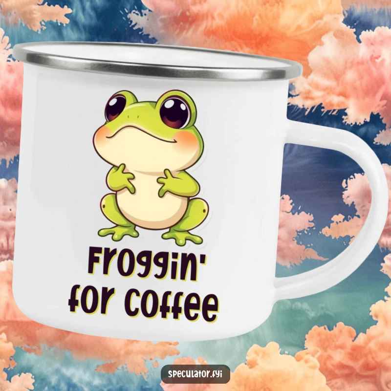Funny camping mug featuring a hopping frog character with a speculative gaze, ideal for humorous outdoor excursions.