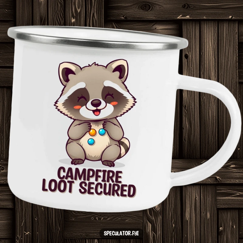 Funny camping mug featuring a giggling raccoon counting its shiny buttons by a campfire, blending outdoor fun with a humorous touch.