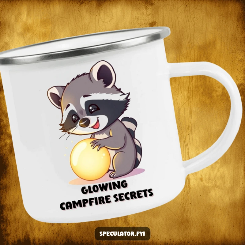 Funny happy raccoon examining a mysterious, glowing orb on a camping mug, humorous and rugged.