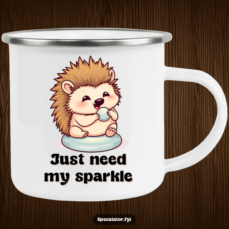 Funny hedgehog camping mug with a hedgehog polishing a button, perfect for cute and humorous outdoor moments.